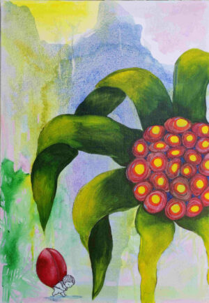 Toile de Dominique Dorla, série Les Gardiens du Vivant : plantes imaginaires aquarellées et petits Yayas autour de la graine rouge