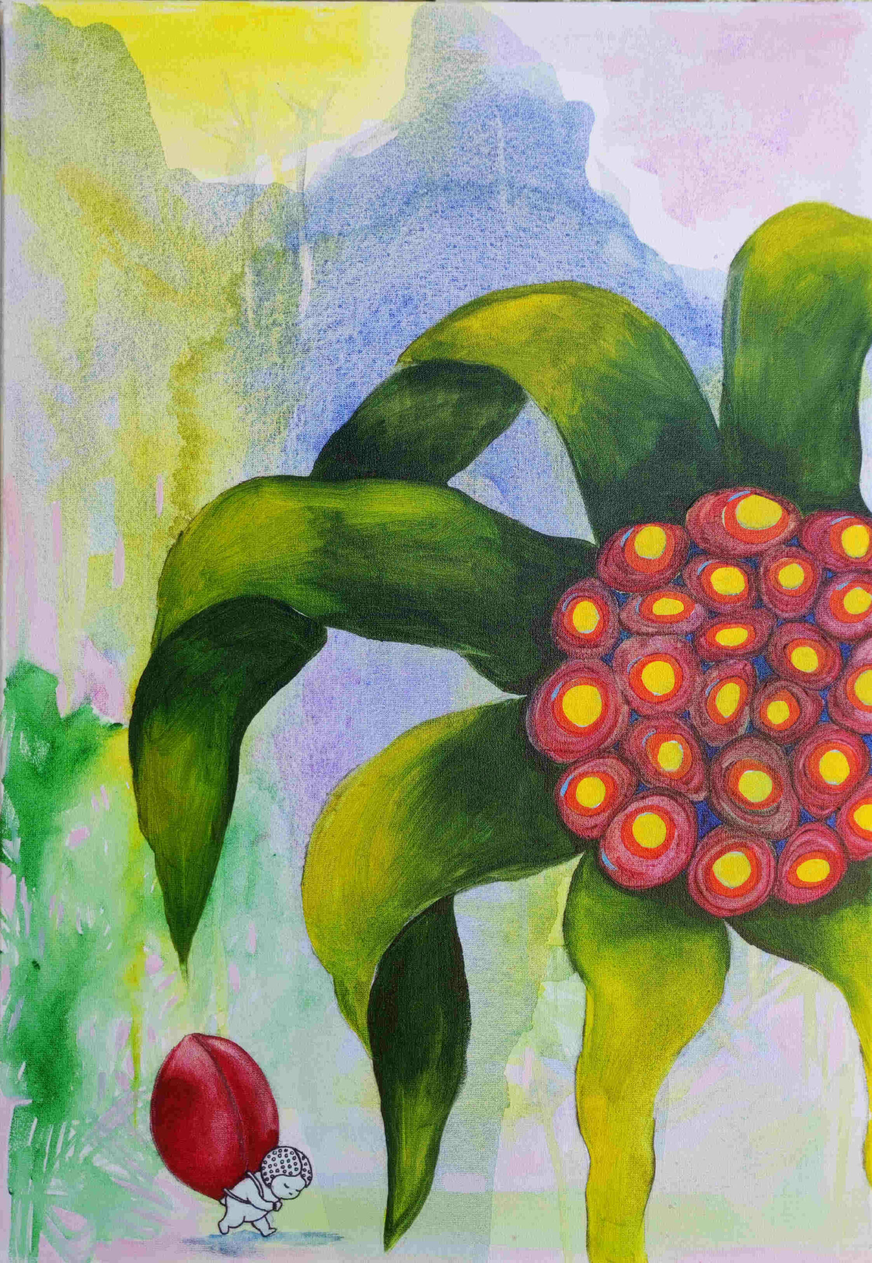 Toile de Dominique Dorla, série Les Gardiens du Vivant : plantes imaginaires aquarellées et petits Yayas autour de la graine rouge
