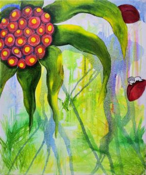 2026-3-Gardiens-du-vivant-Eclosion-aquarelle-et-acrylique-sur-toile-de-coton-55x46cm-Dominique-Dorla-Artiste-Ile-de-la-Reunion